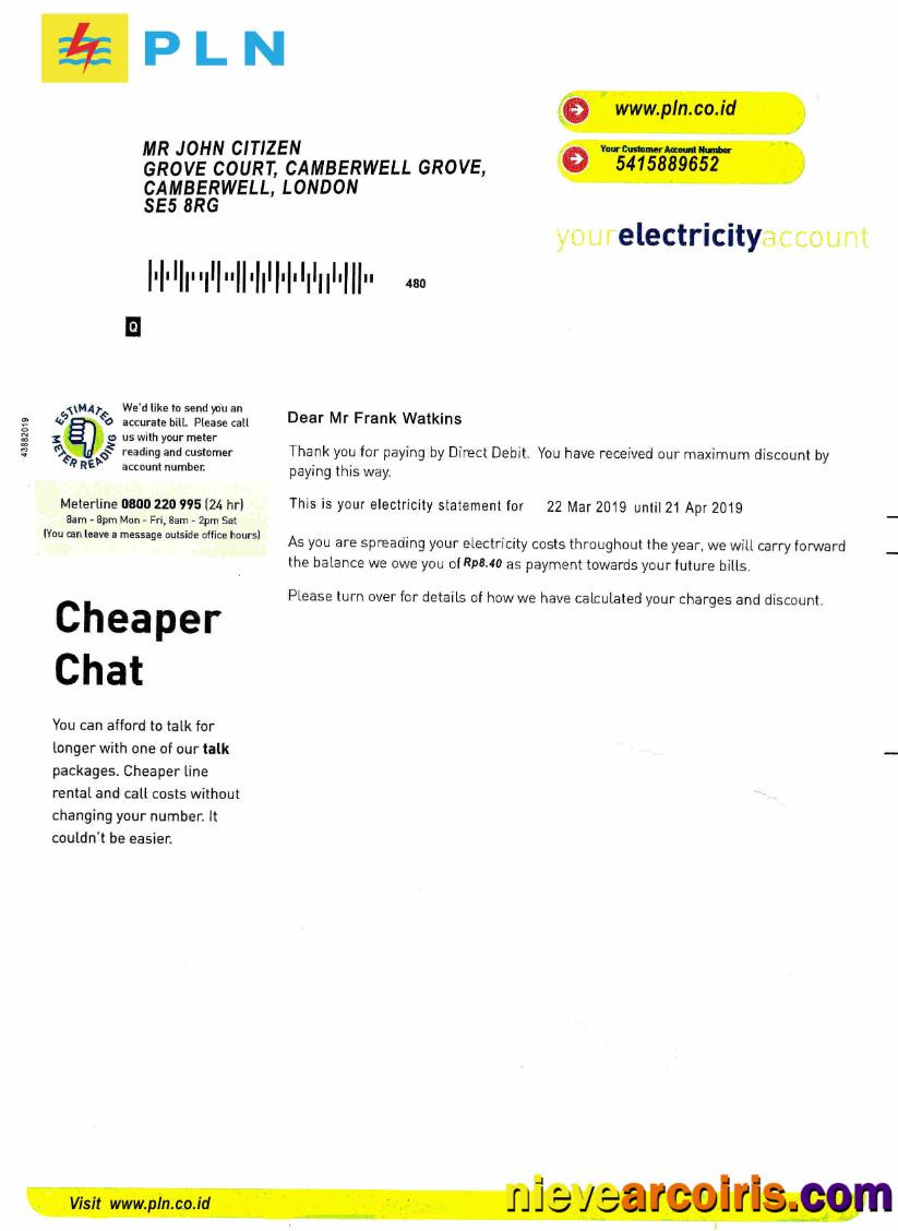 Indonesia PLN electricity utility bill